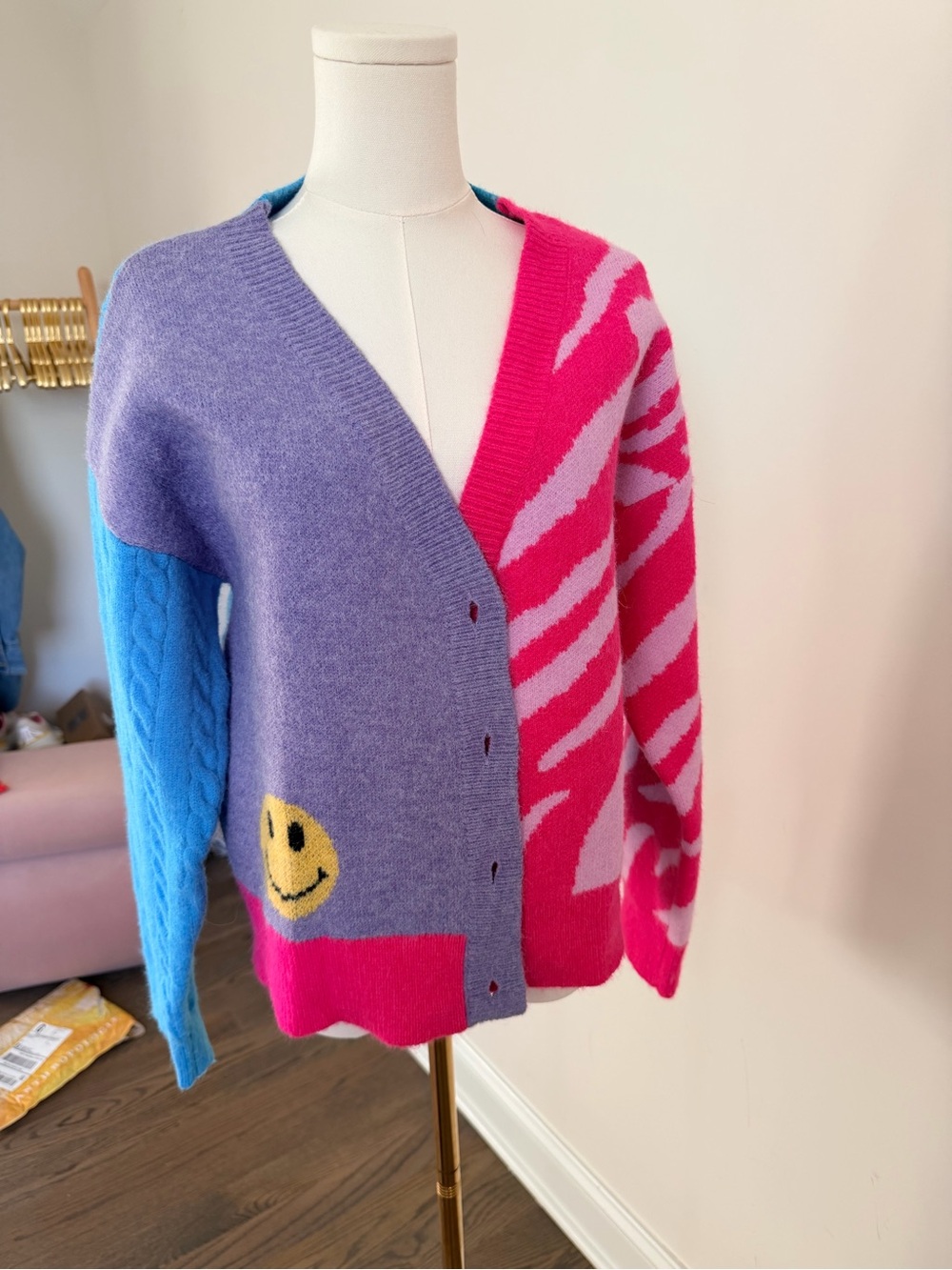 English Factory Colorblock Smiley V‑Neck Cardigan Sweater - Purple/Pink/Blue